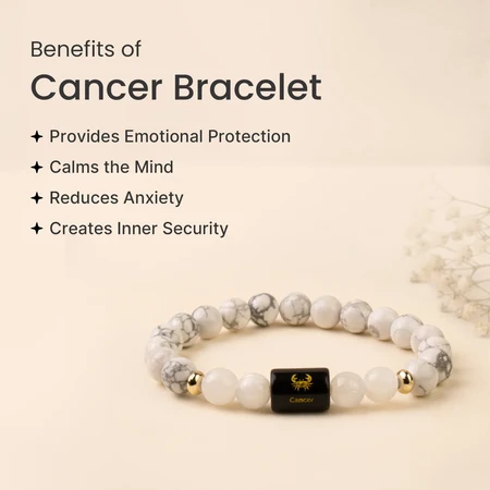 Benefits of Cancer bracelet – emotional protection, calms mind, reduces anxiety, creates inner security – Howlite Milky Quartz by RamKart
